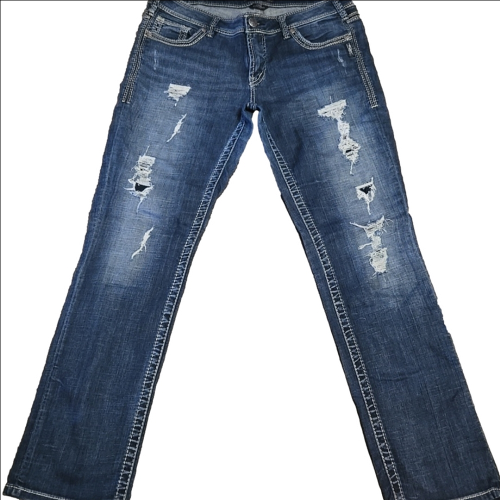 ♡Silver Aiko Straight Leg Blue Distressed Women Jeans 34w X 32l